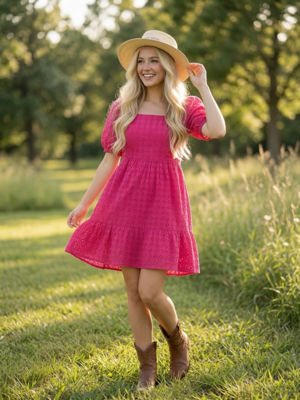 La Blanca Hot Pink Eyelet Smocked Dress Small or Medium